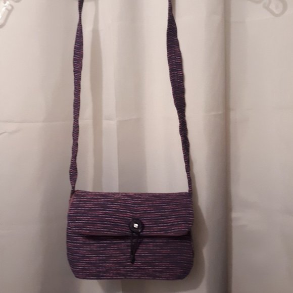 Tapestry fabric mini Purse shoulder bag Purple Pink striated 7x5x2" - Picture 2 of 10